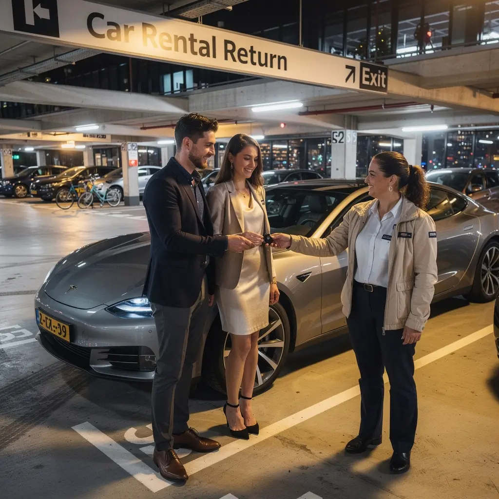 Een persoon die een huurauto ophaalt bij een verhuurstation.