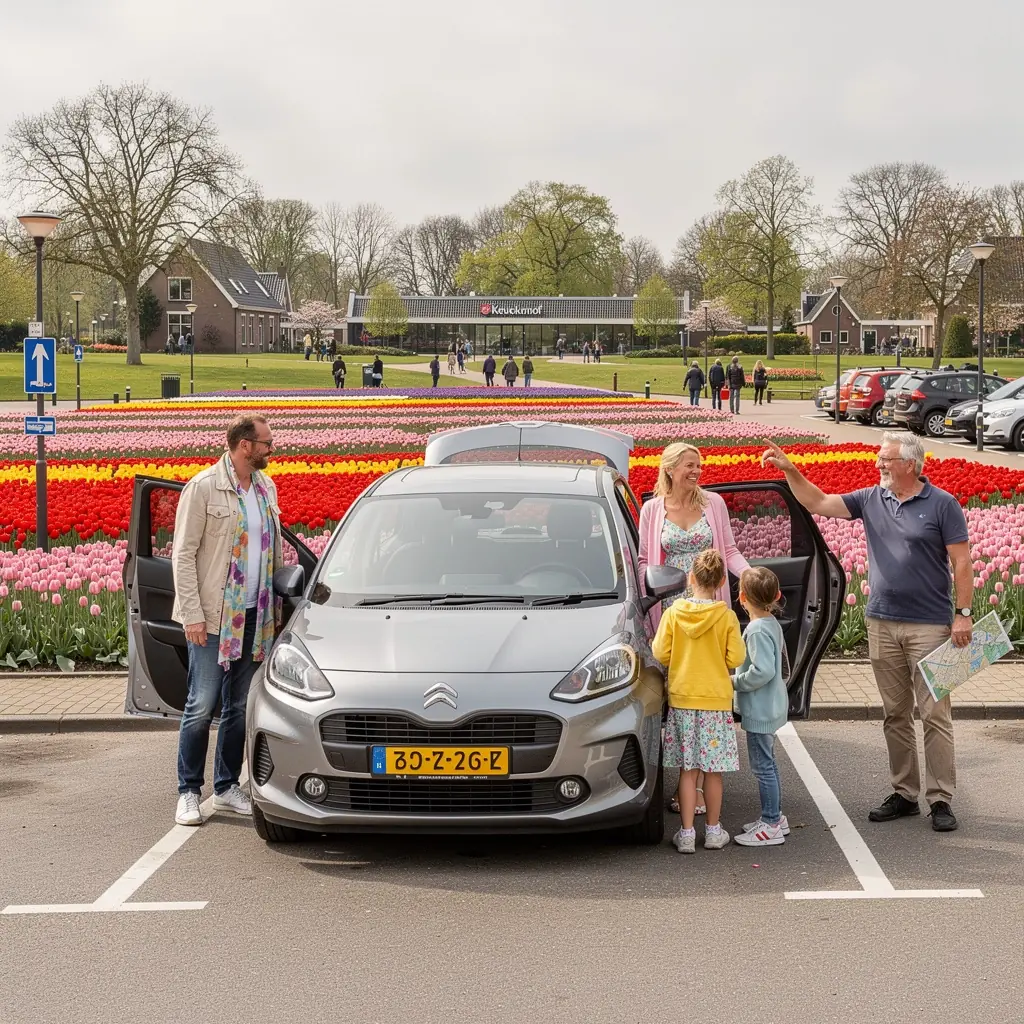 Een gezin dat samen in een huurauto rijdt door het Nederlandse landschap.